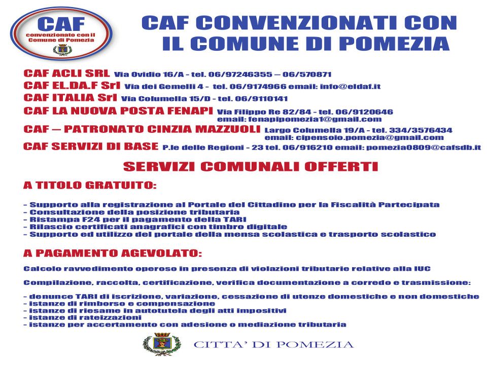 Elenco dei CAF convenzionati con il Comune di Pomezia