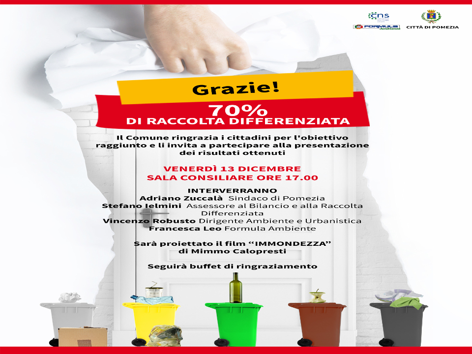 Raccolta differenziata a Pomezia, la Città festeggia il record del 70%. 