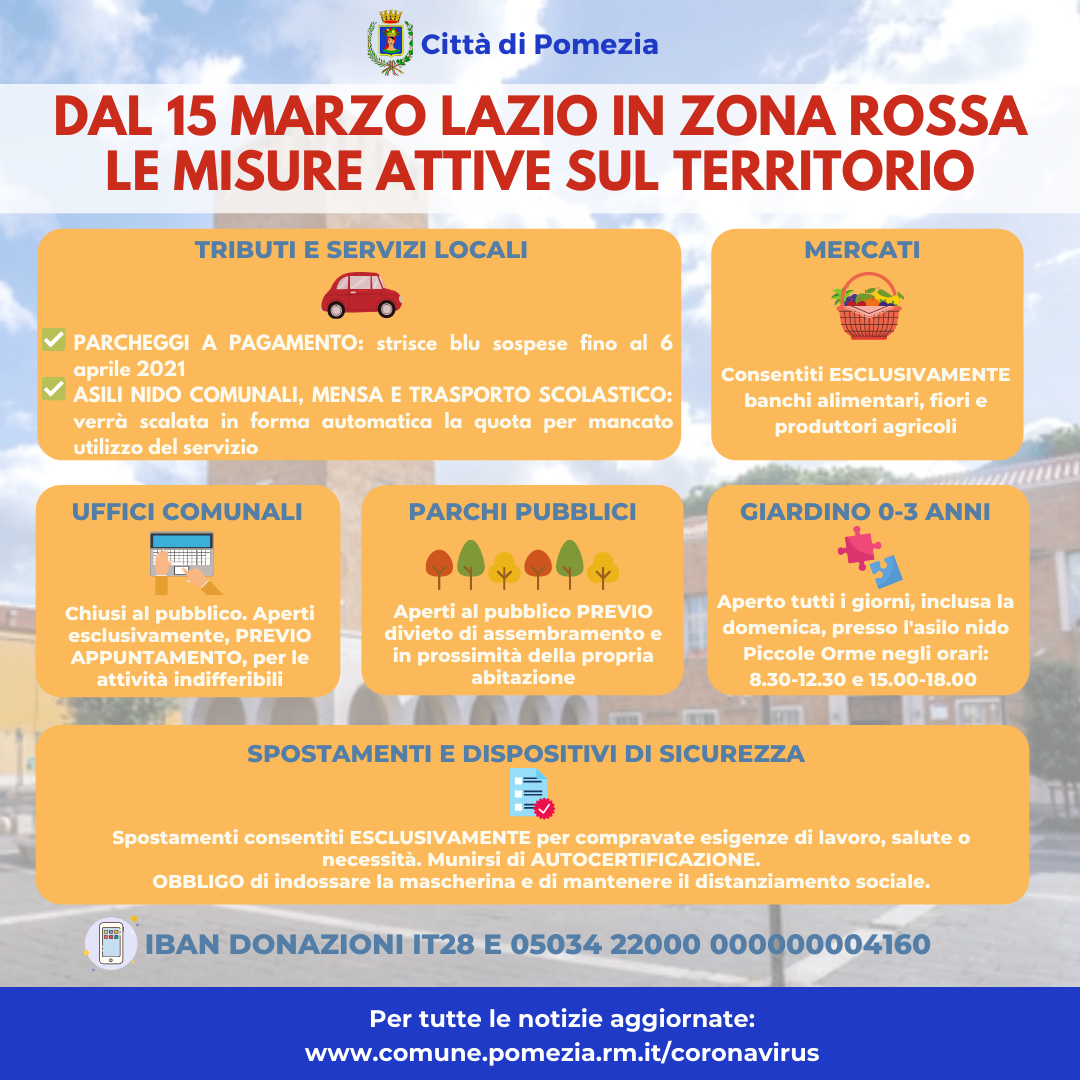 Emergenza Coronavirus a Pomezia, Regione Lazio in ZONA ROSSA. Ridotte le rette di mensa, trasporto scolastico e asili nido per i giorni di chiusura scuole. Ecco tutte le misure attive sul territorio