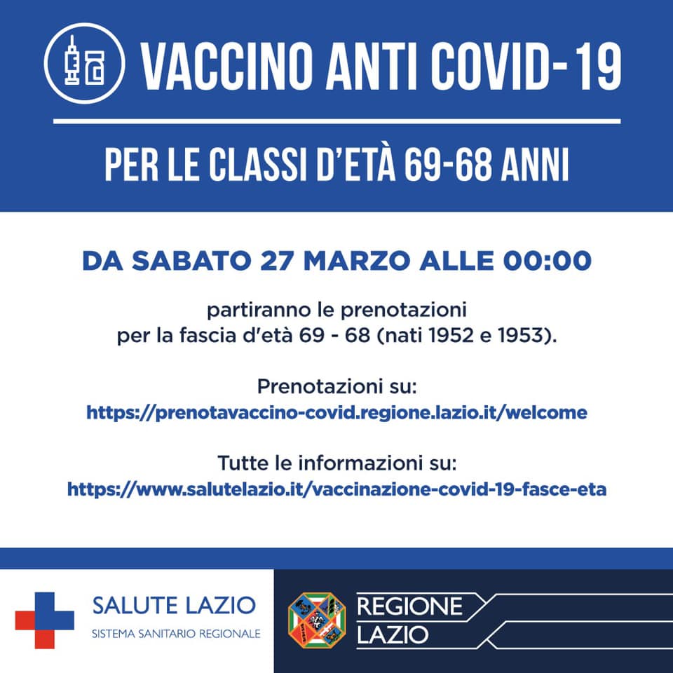 Emergenza Coronavirus, da sabato 27 marzo al via prenotazioni vaccini per la fascia d'età 69-68