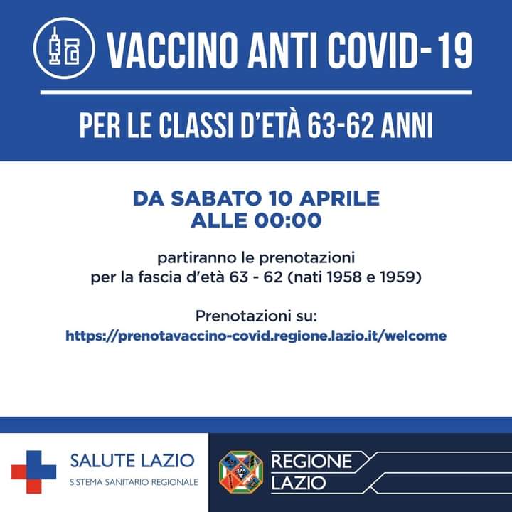 Emergenza Coronavirus, da sabato 10 aprile al via prenotazioni vaccini per la fascia d'età 63-62